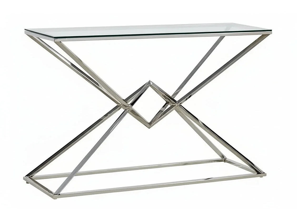 Console acier inoxydable chrome plateau verre trempé 120 cm Pyramide