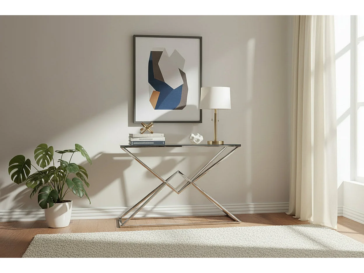 Console acier inoxydable chrome plateau verre trempé 120 cm Pyramide