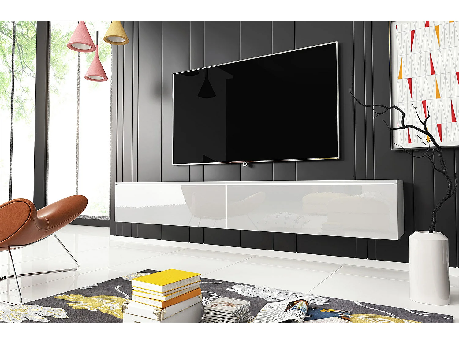 LOWBOARD D Weiß / Weiß Hochglanz 180 cm / 32 cm / 30 cm