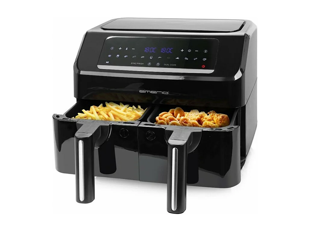 Emerio - Friteuse Sans Huile 7,2l - Double Bac - Minuteur - Thermostat Réglable - Réservoir Amovible - Cool Touch - Noir