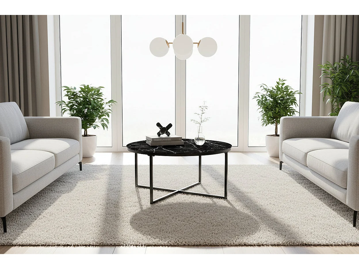 Table Basse LORIE Ronde Plateau Verre Trempé Marbré Noir Structure Métal Noir D90x45cm