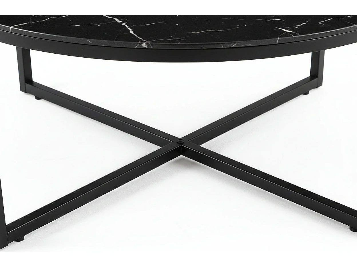 Table Basse LORIE Ronde Plateau Verre Trempé Marbré Noir Structure Métal Noir D90x45cm