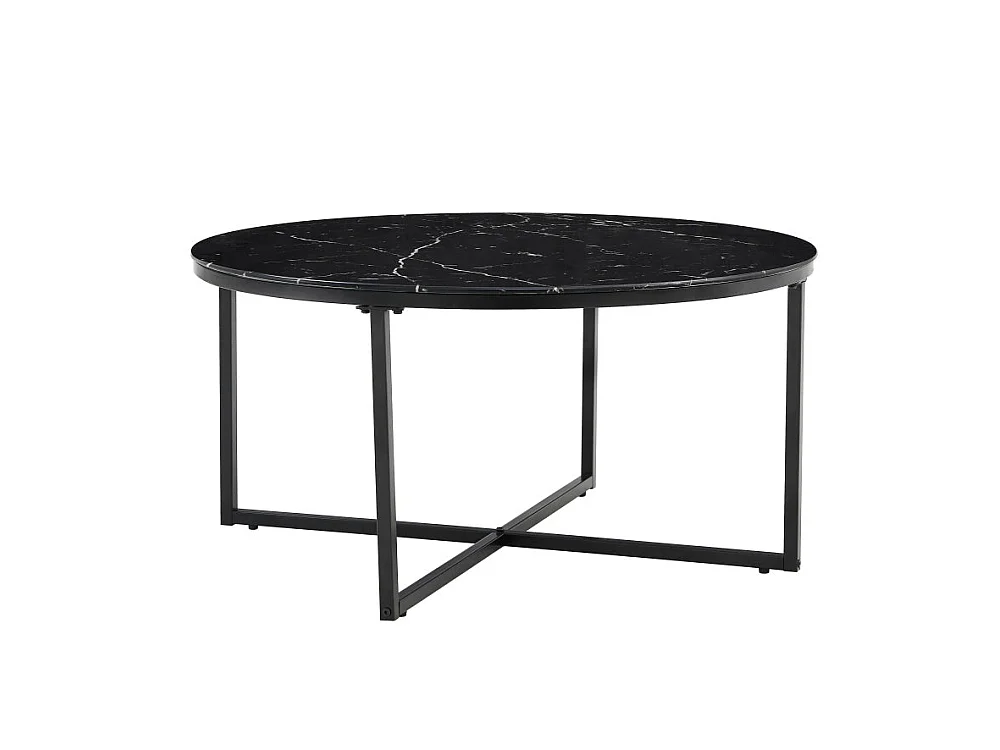 Table Basse LORIE Ronde Plateau Verre Trempé Marbré Noir Structure Métal Noir D90x45cm