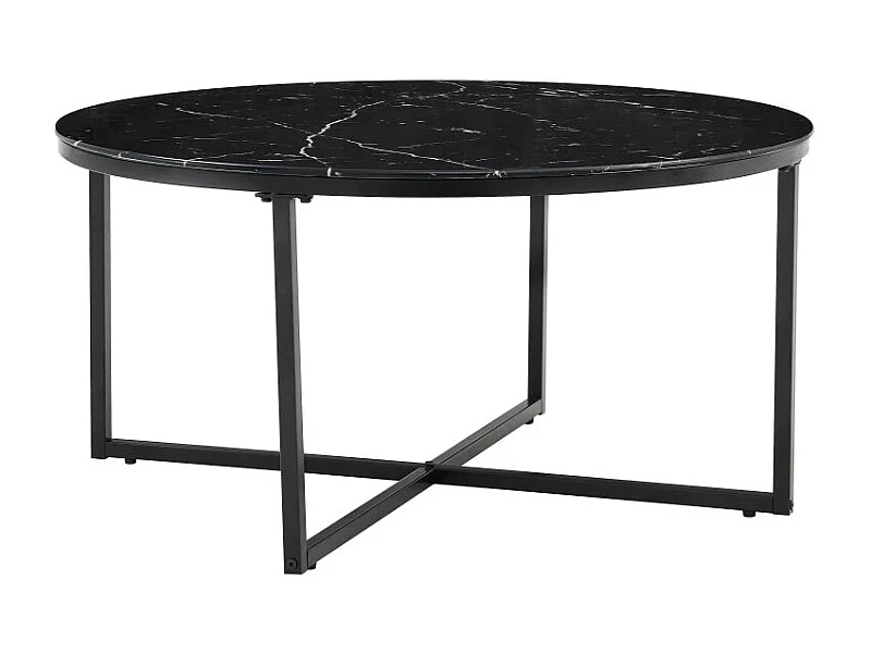 Table Basse LORIE Ronde Plateau Verre Trempé Marbré Noir Structure Métal Noir D90x45cm