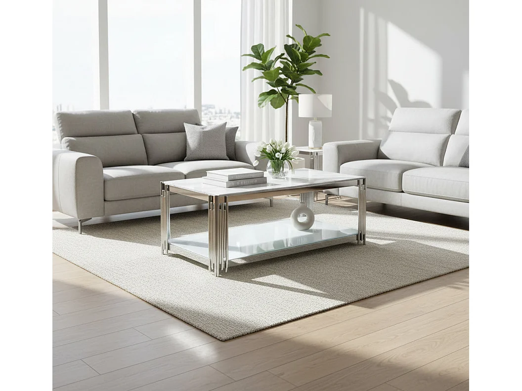 Table Basse FLUTE Rectangle Double Plateau Verre Trempé Marbré Blanc Structure Chrome 120x60x45cm