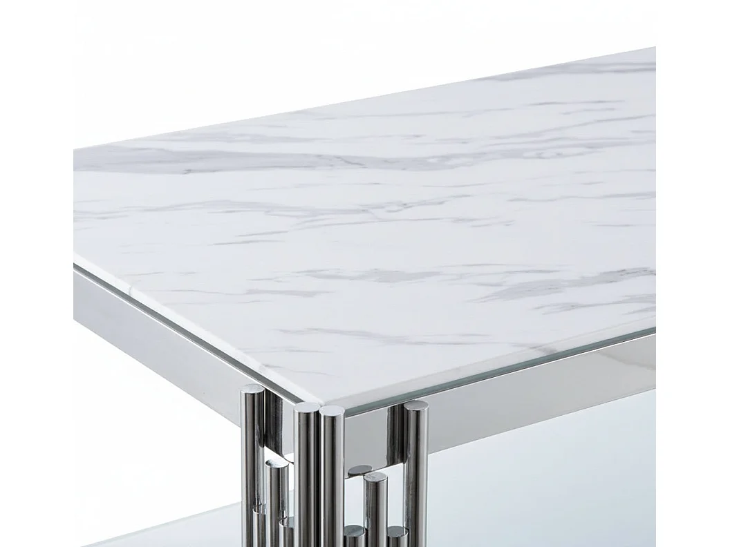 Table Basse FLUTE Rectangle Double Plateau Verre Trempé Marbré Blanc Structure Chrome 120x60x45cm