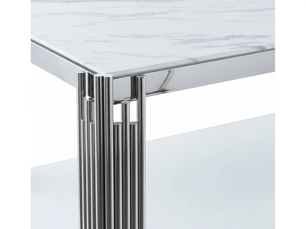 Table Basse FLUTE Rectangle Double Plateau Verre Trempé Marbré Blanc Structure Chrome 120x60x45cm
