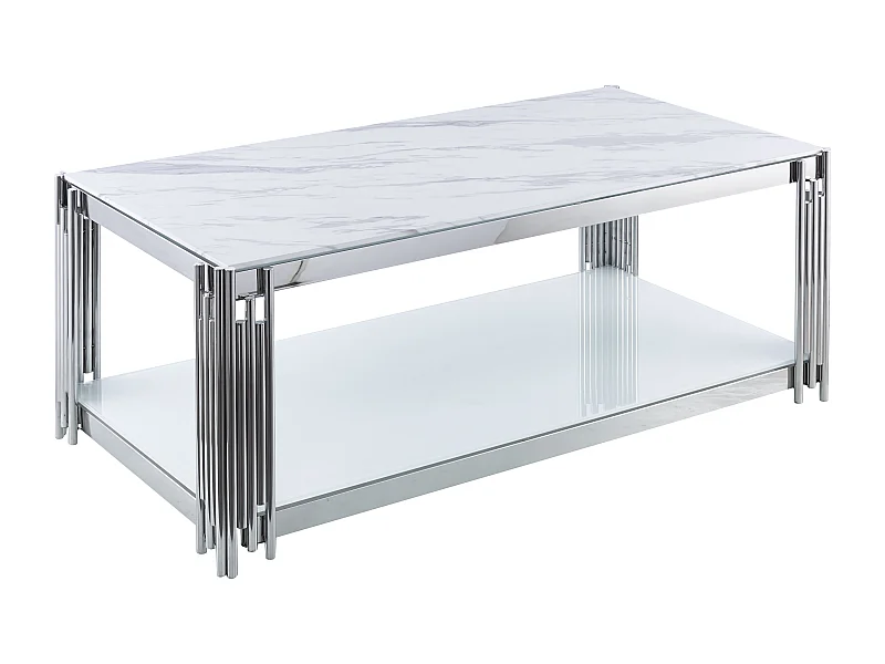 Table Basse FLUTE Rectangle Double Plateau Verre Trempé Marbré Blanc Structure Chrome 120x60x45cm