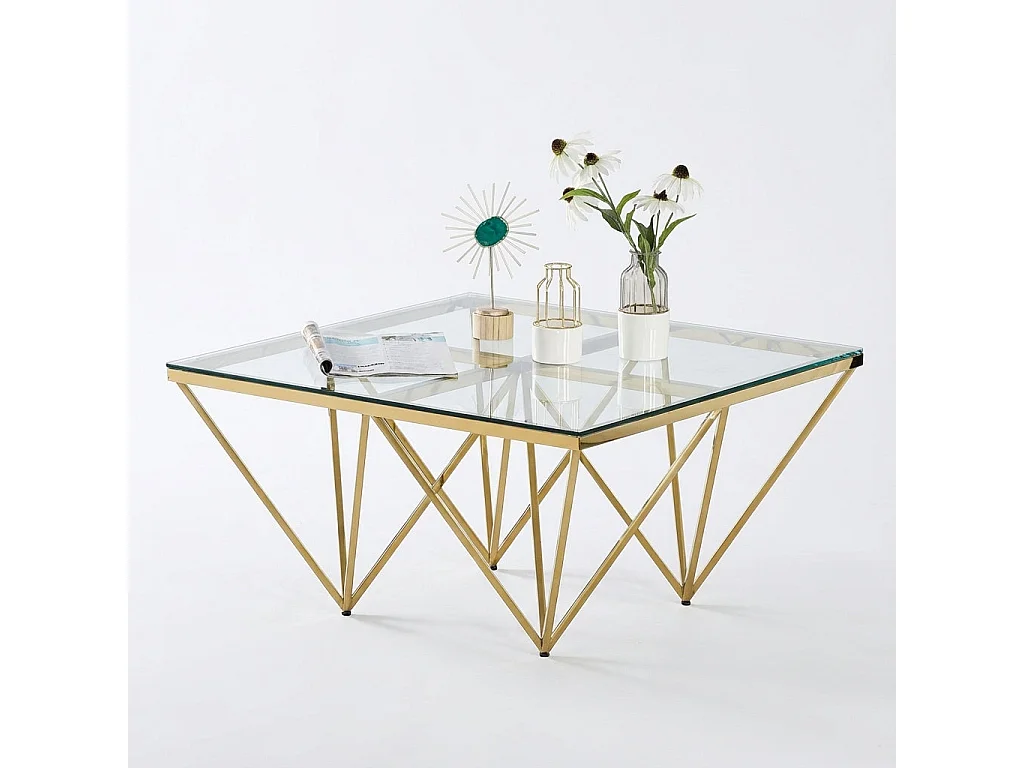 Table Basse Carrée GIZE Verre Trempé Transparent Pieds Gold 80x80x45cm