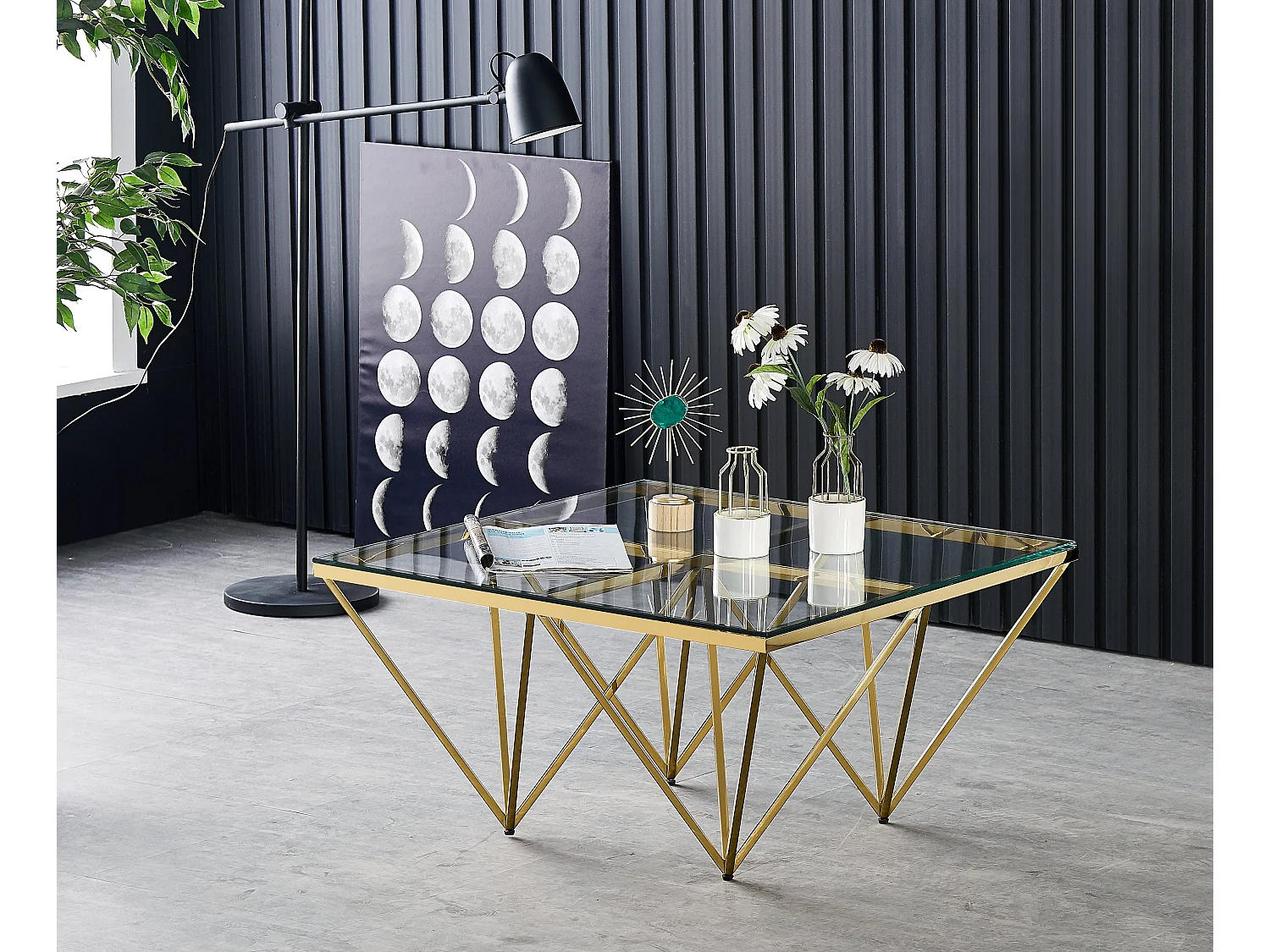 Table Basse Carrée GIZE Verre Trempé Transparent Pieds Gold 80x80x45cm