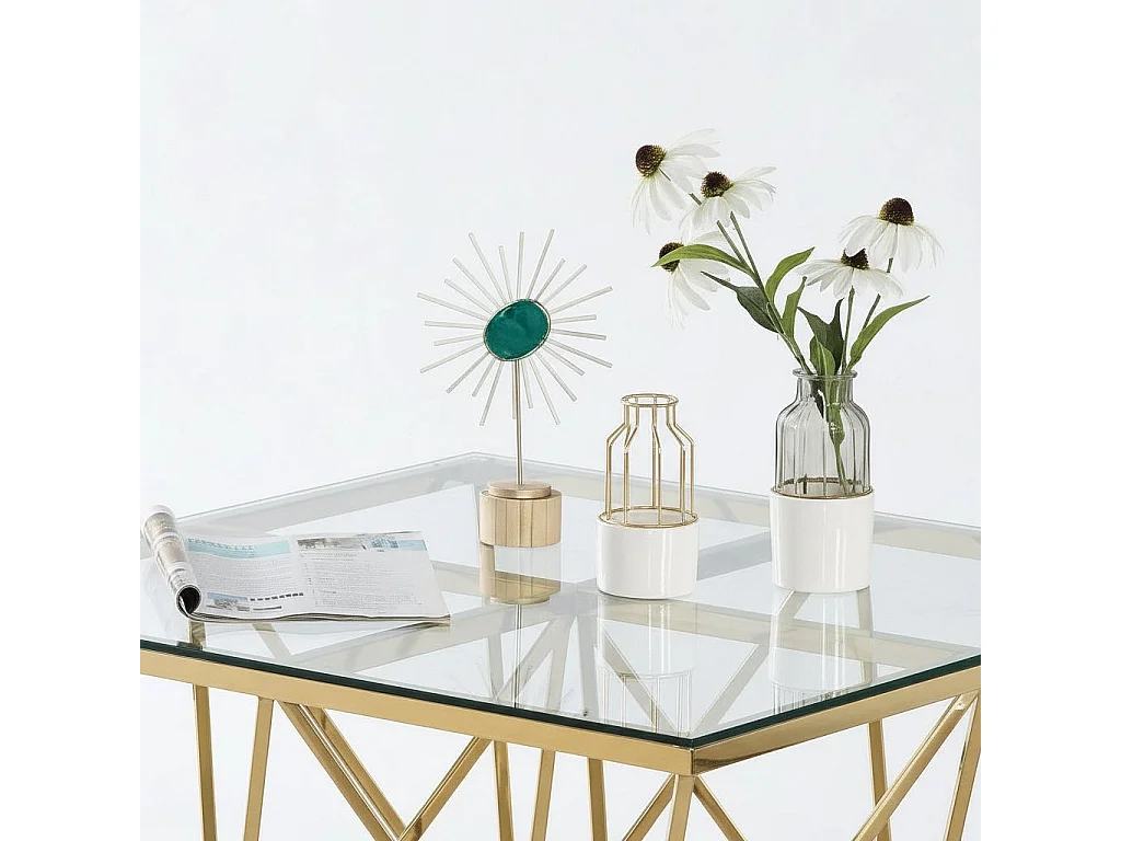 Table Basse Carrée GIZE Verre Trempé Transparent Pieds Gold 80x80x45cm