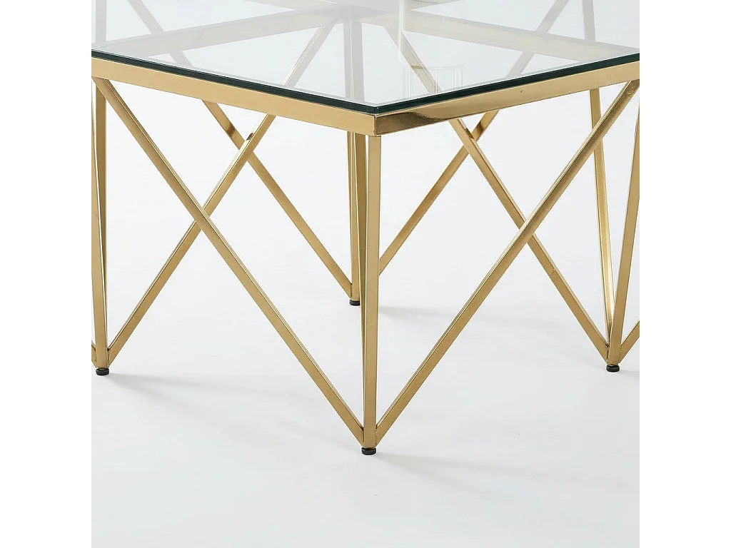 Table Basse Carrée GIZE Verre Trempé Transparent Pieds Gold 80x80x45cm