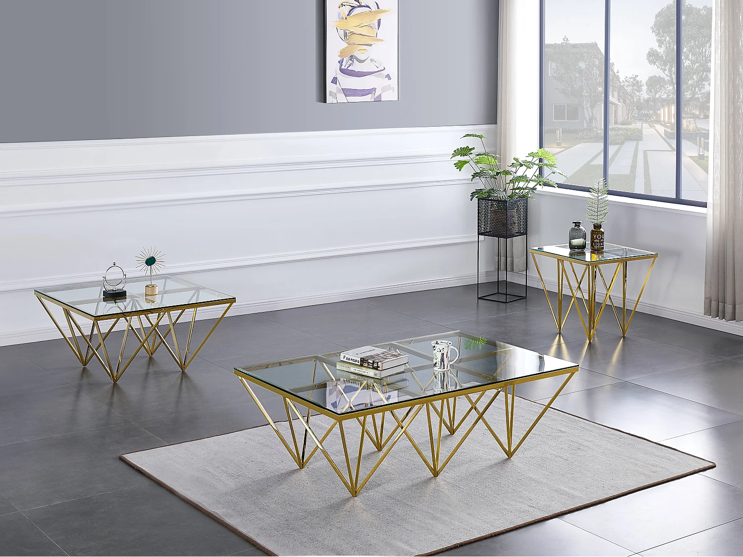Table Basse Carrée GIZE Verre Trempé Transparent Pieds Gold 80x80x45cm