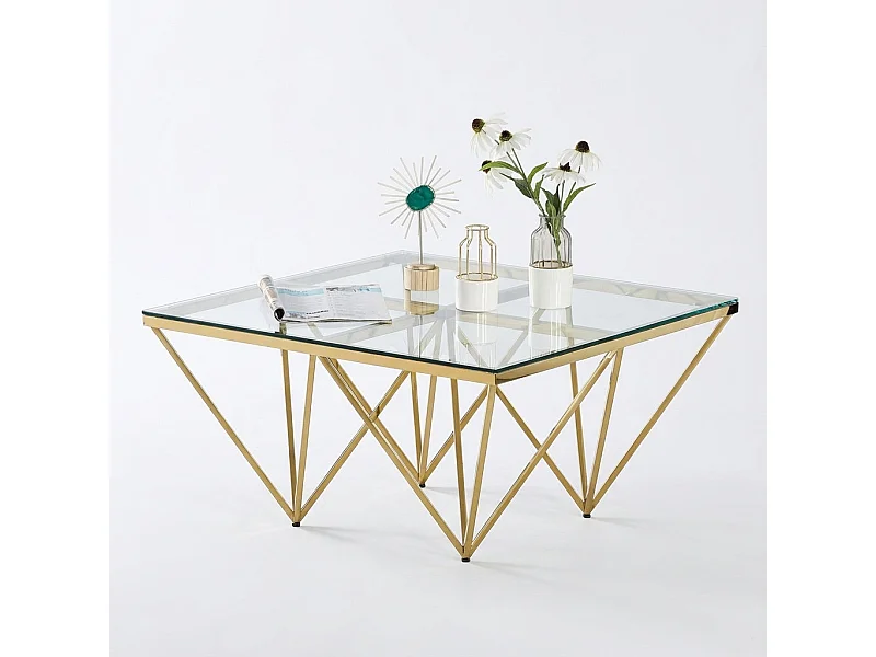 Table Basse Carrée GIZE Verre Trempé Transparent Pieds Gold 80x80x45cm
