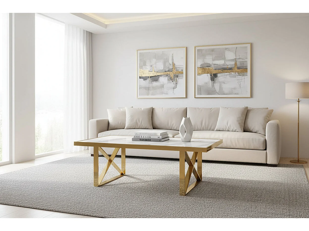 Table basse céramique marbre blanc piètement doré 120x60