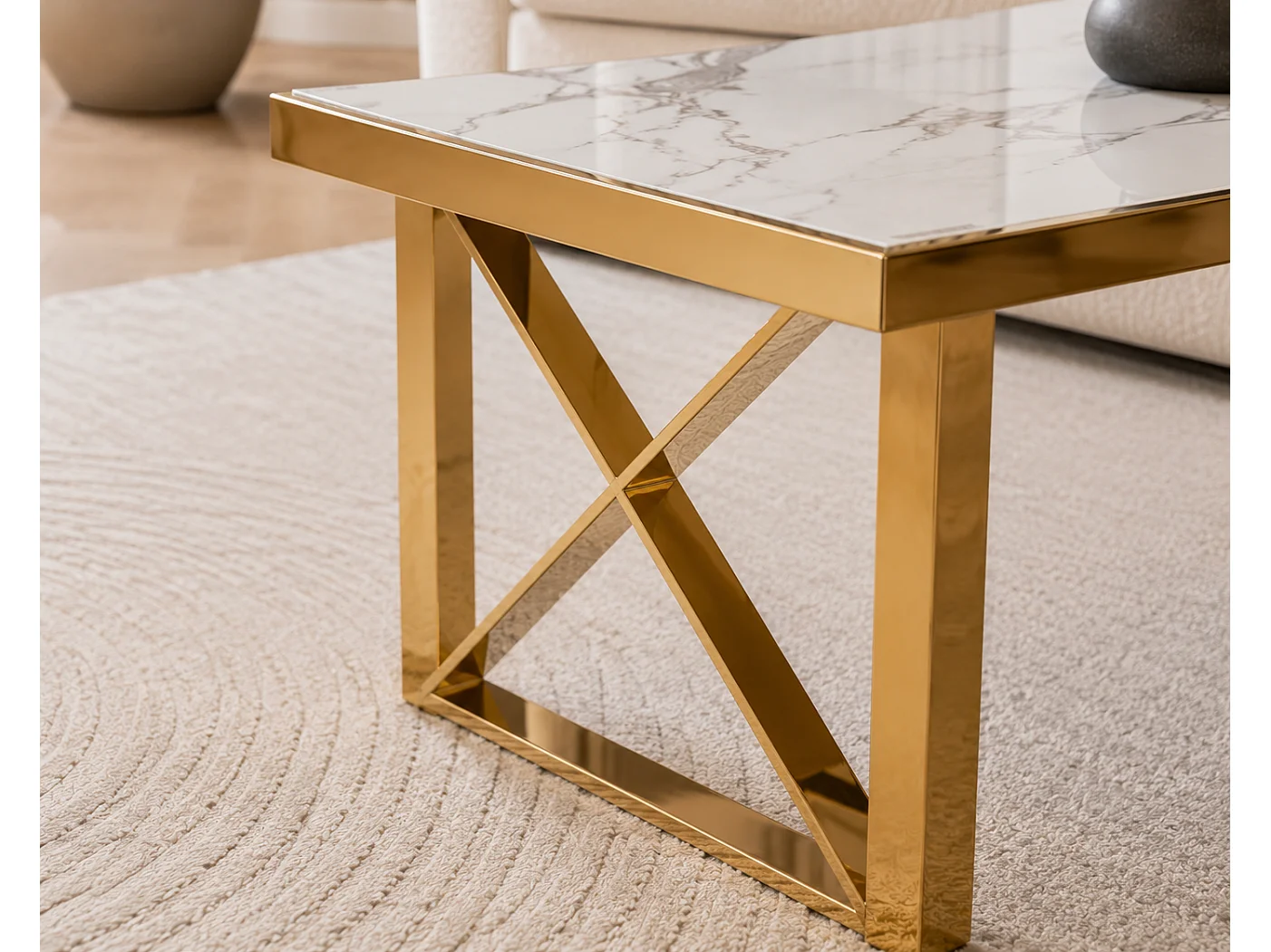 Table basse céramique marbre blanc piètement doré 120x60