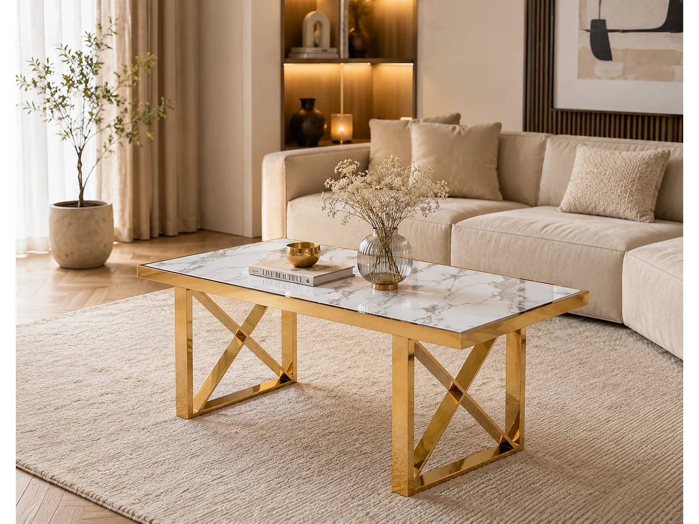 Table basse céramique marbre blanc piètement doré 120x60