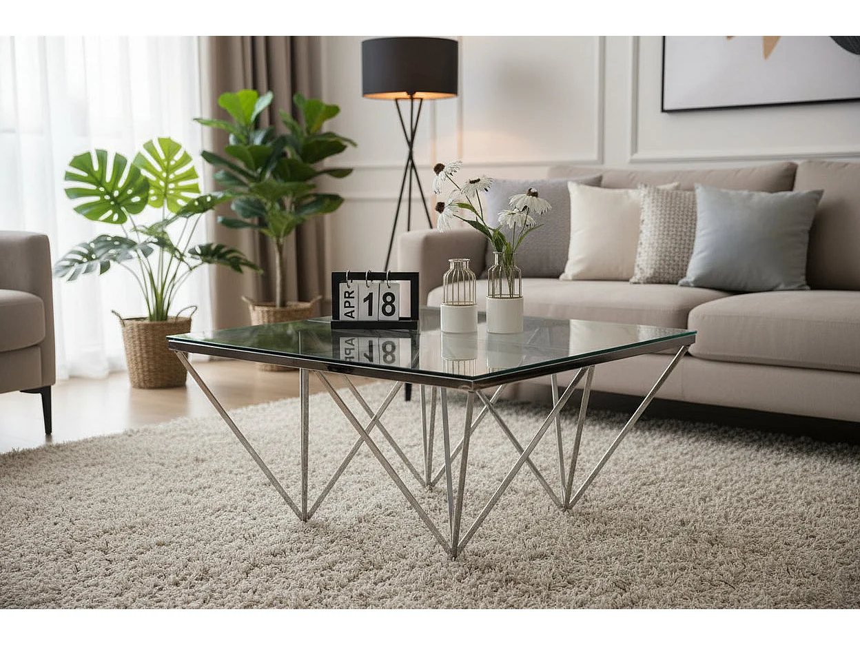 Table Basse Carrée GIZE Plateau Verre Trempé Transparent Pieds Chrome 80x80x45cm