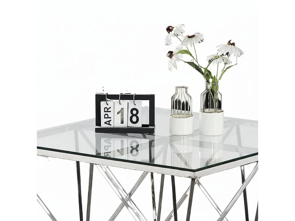 Table Basse Carrée GIZE Plateau Verre Trempé Transparent Pieds Chrome 80x80x45cm