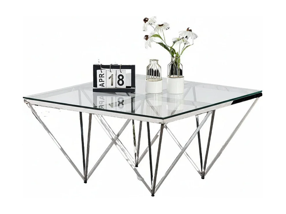 Table Basse Carrée GIZE Plateau Verre Trempé Transparent Pieds Chrome 80x80x45cm