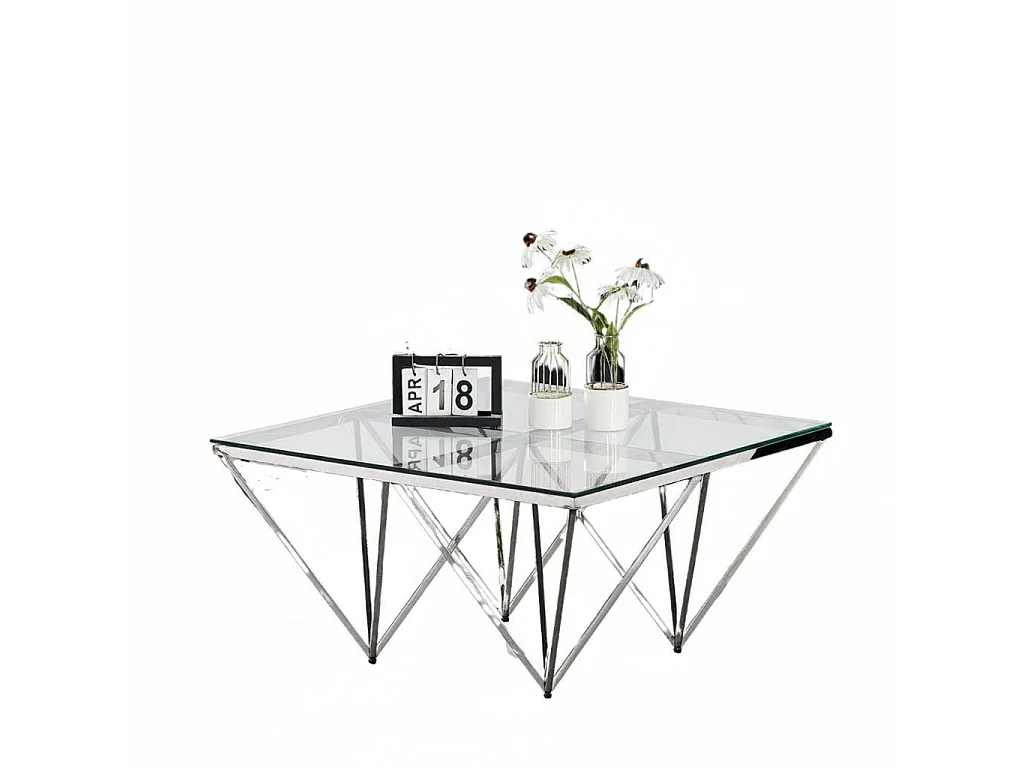 Table Basse Carrée GIZE Plateau Verre Trempé Transparent Pieds Chrome 80x80x45cm
