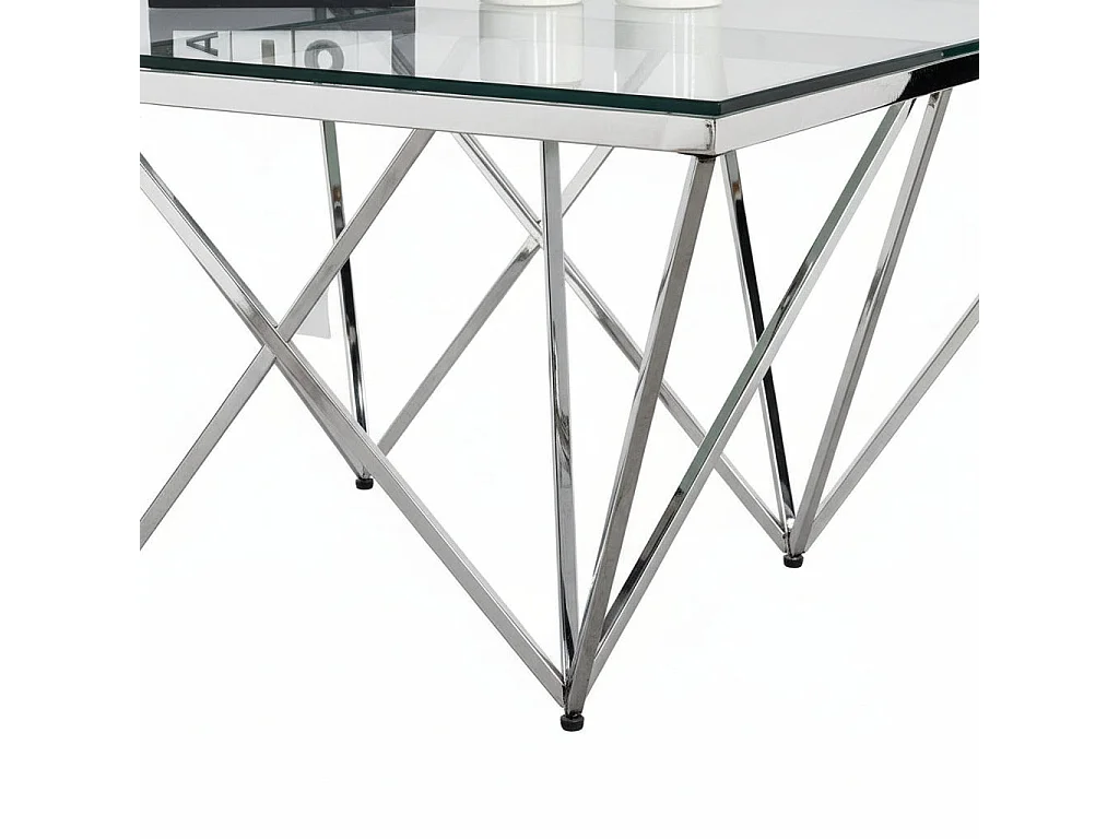 Table Basse Carrée GIZE Plateau Verre Trempé Transparent Pieds Chrome 80x80x45cm