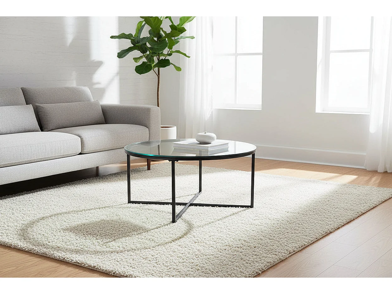 Table Basse LORIE Ronde Plateau Verre Trempé Transparent Structure Métal Noir D90x45cm