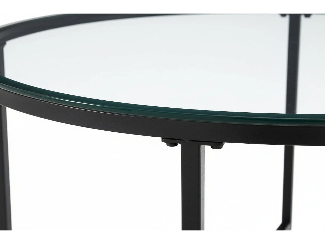 Table Basse LORIE Ronde Plateau Verre Trempé Transparent Structure Métal Noir D90x45cm