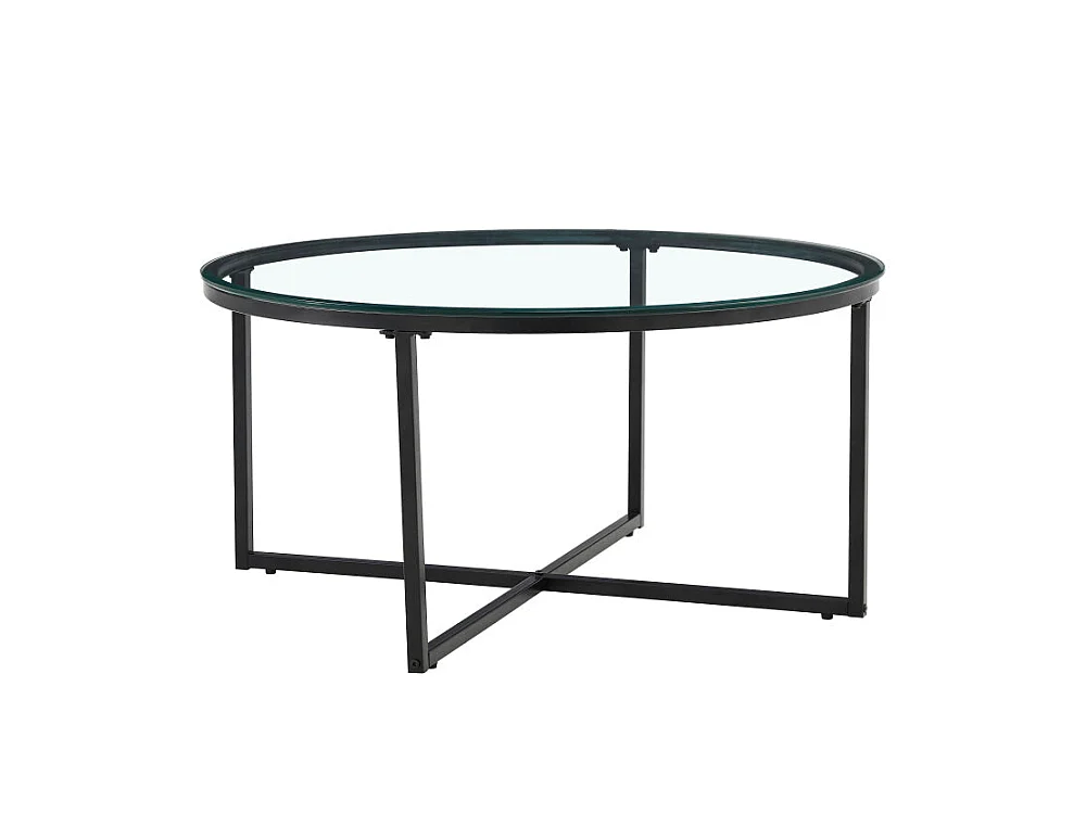 Table Basse LORIE Ronde Plateau Verre Trempé Transparent Structure Métal Noir D90x45cm