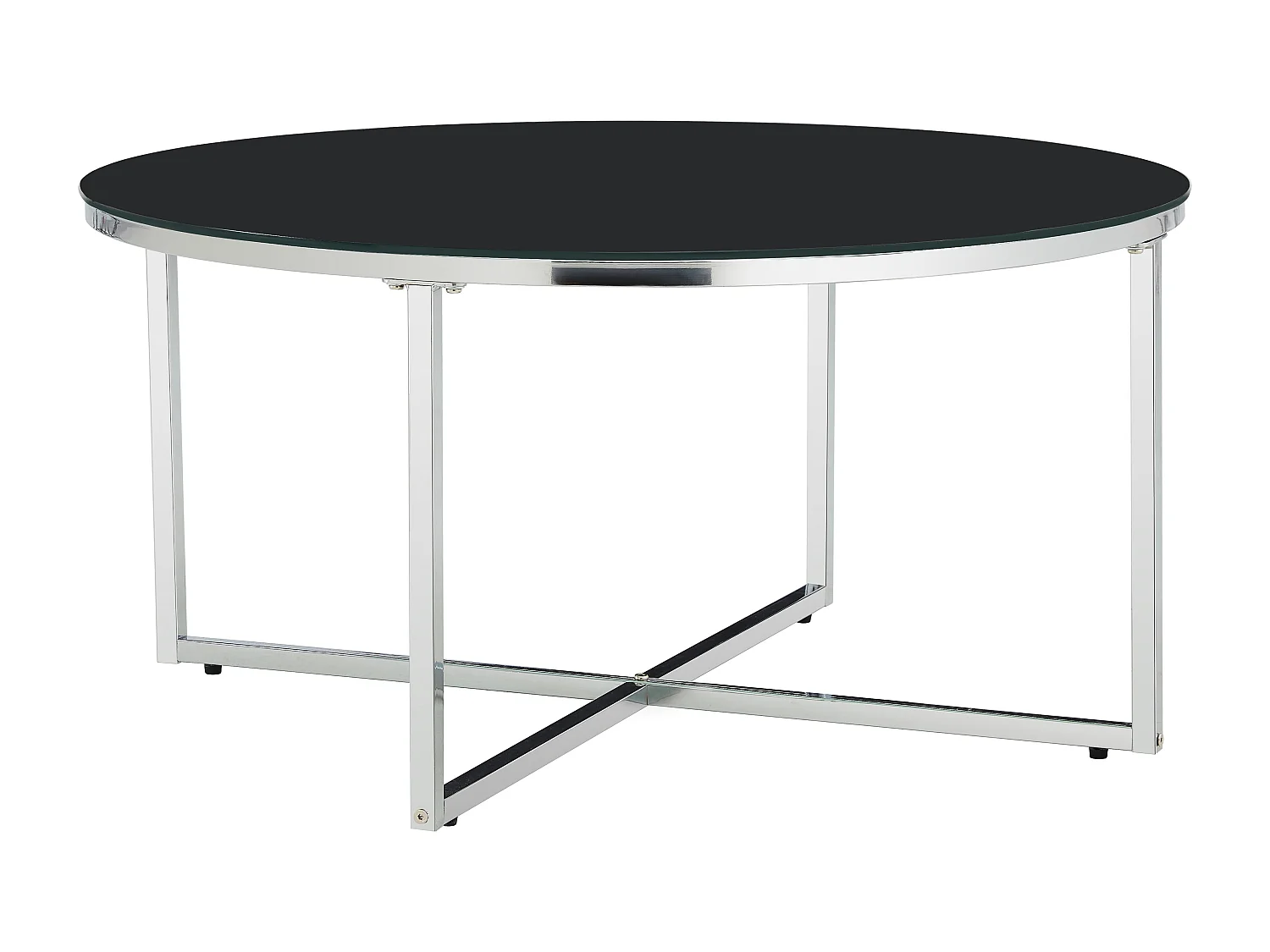 Table Basse LORIE Ronde Plateau Verre Trempé Marbré Noir Structure Métal Chrome D90x45cm