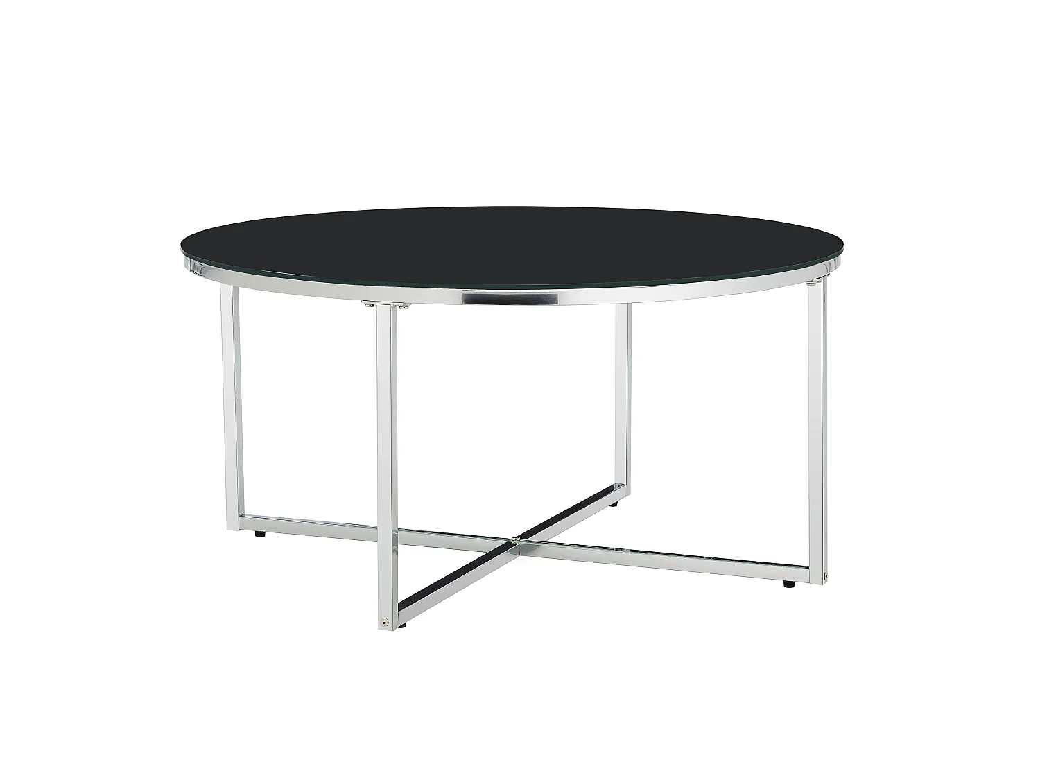 Table Basse LORIE Ronde Plateau Verre Trempé Marbré Noir Structure Métal Chrome D90x45cm