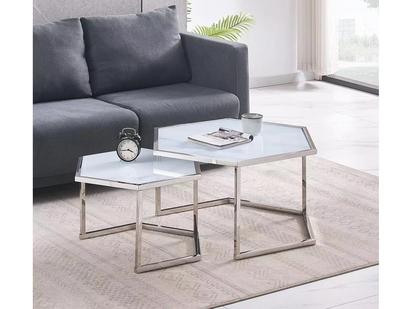 Lot de 2 Tables Basses Gigognes HEXAGONA Chrome - Blanc