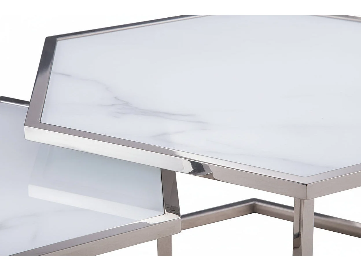Lot 2 Tables Basses Gigognes HEXAGONA Métal Chrome Plateau Verre Trempé Blanc 60x52x42 / 50x45x38cm