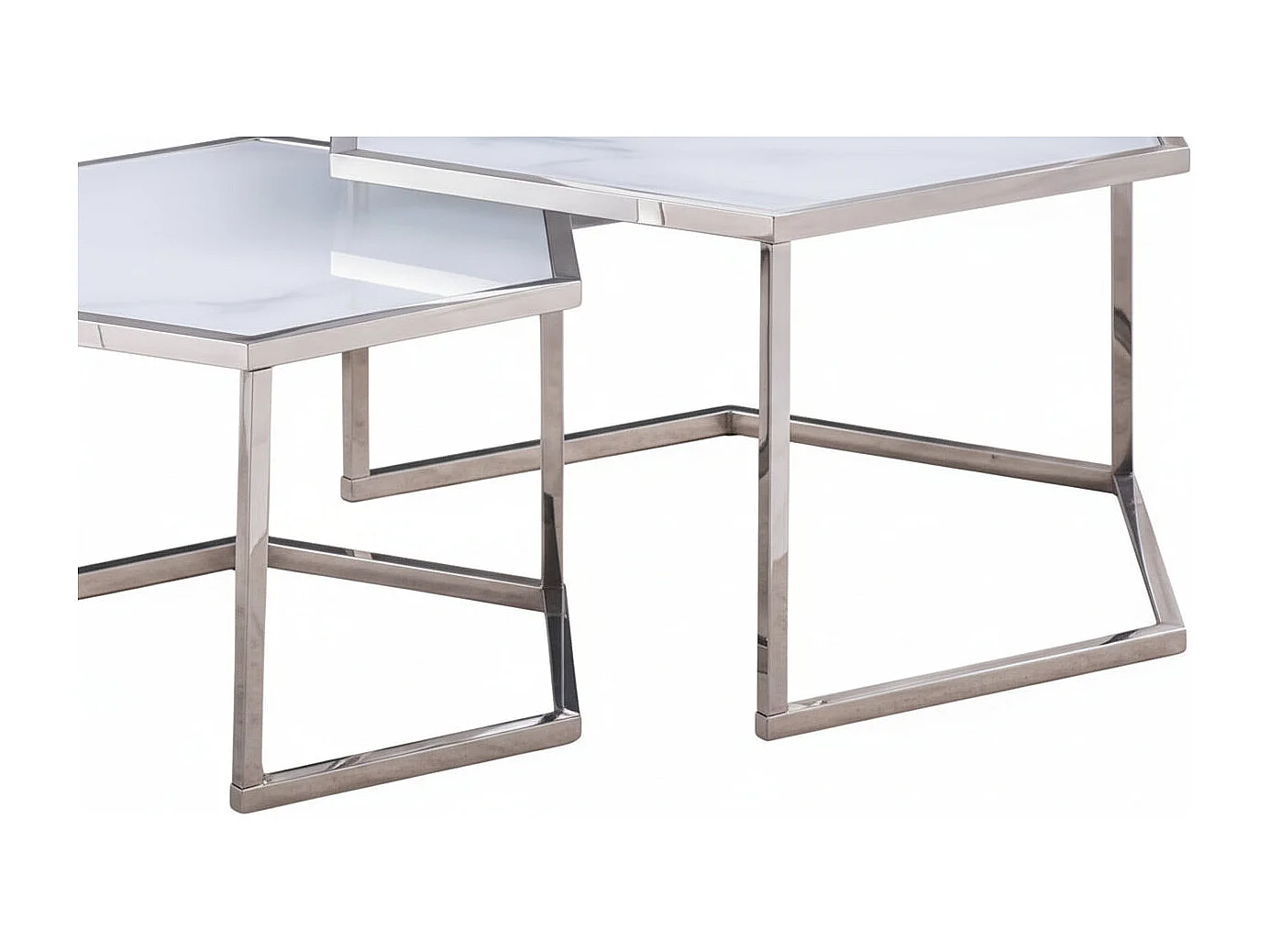 Lot 2 Tables Basses Gigognes HEXAGONA Métal Chrome Plateau Verre Trempé Blanc 60x52x42 / 50x45x38cm