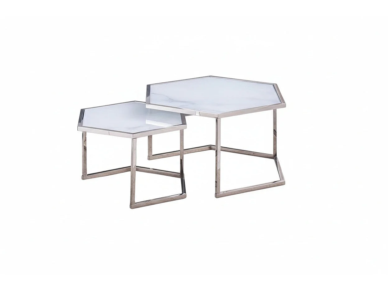 Lot 2 tables basses gigognes verre blanc 60cm HEXAGONA