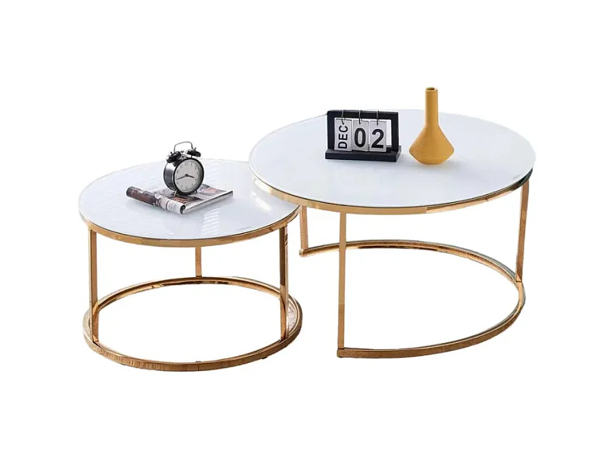 Lot de 2 tables Basses Gigogne ARTO Gold et plateau en verre Blanc