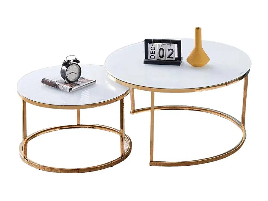 Lot de 2 tables Basses Gigogne ARTO Gold et plateau en verre Blanc