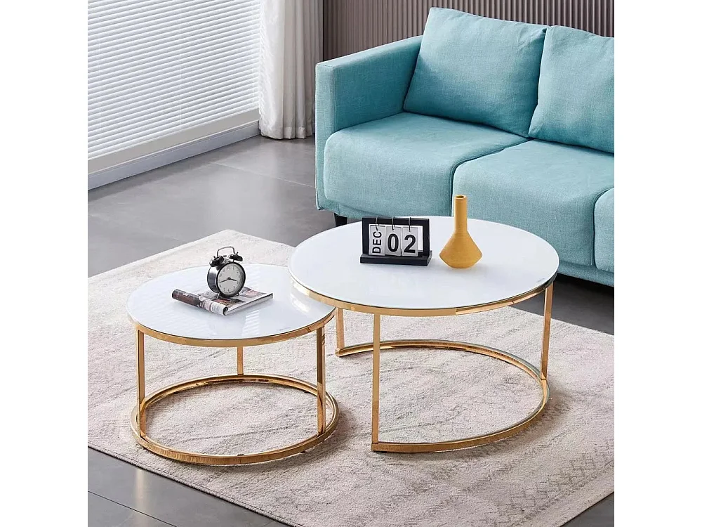 Lot de 2 tables Basses Gigogne ARTO Gold et plateau en verre Blanc