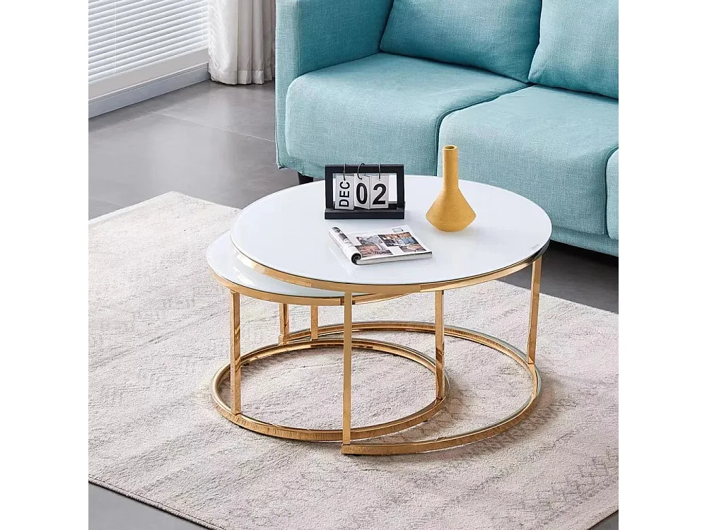 Lot de 2 tables Basses Gigogne ARTO Gold et plateau en verre Blanc