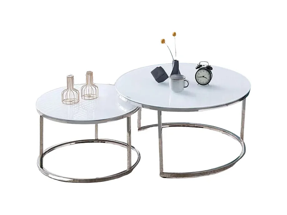 Lot de 2 tables Basses Gigogne ARTO inox et plateau en verre BLANC