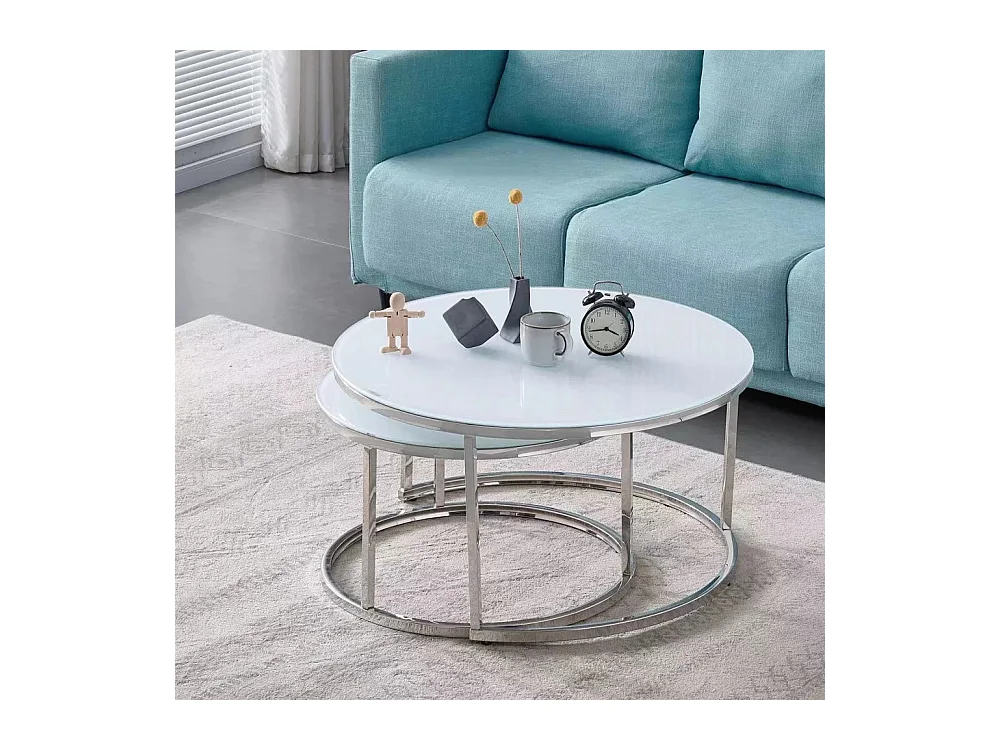 Lot de 2 tables Basses Gigogne ARTO inox et plateau en verre BLANC