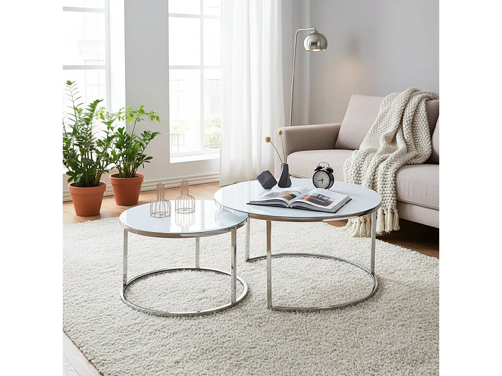 Lot de 2 tables Basses Gigogne ARTO inox et plateau en verre BLANC