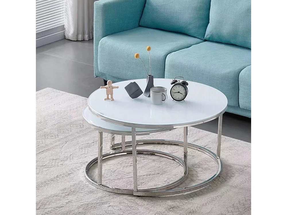 Lot de 2 tables Basses Gigogne ARTO inox et plateau en verre BLANC