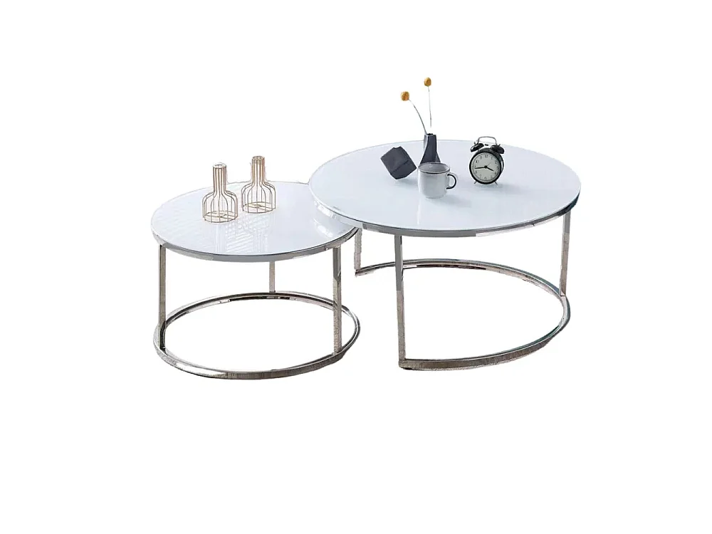Lot de 2 tables Basses Gigogne ARTO inox et plateau en verre BLANC