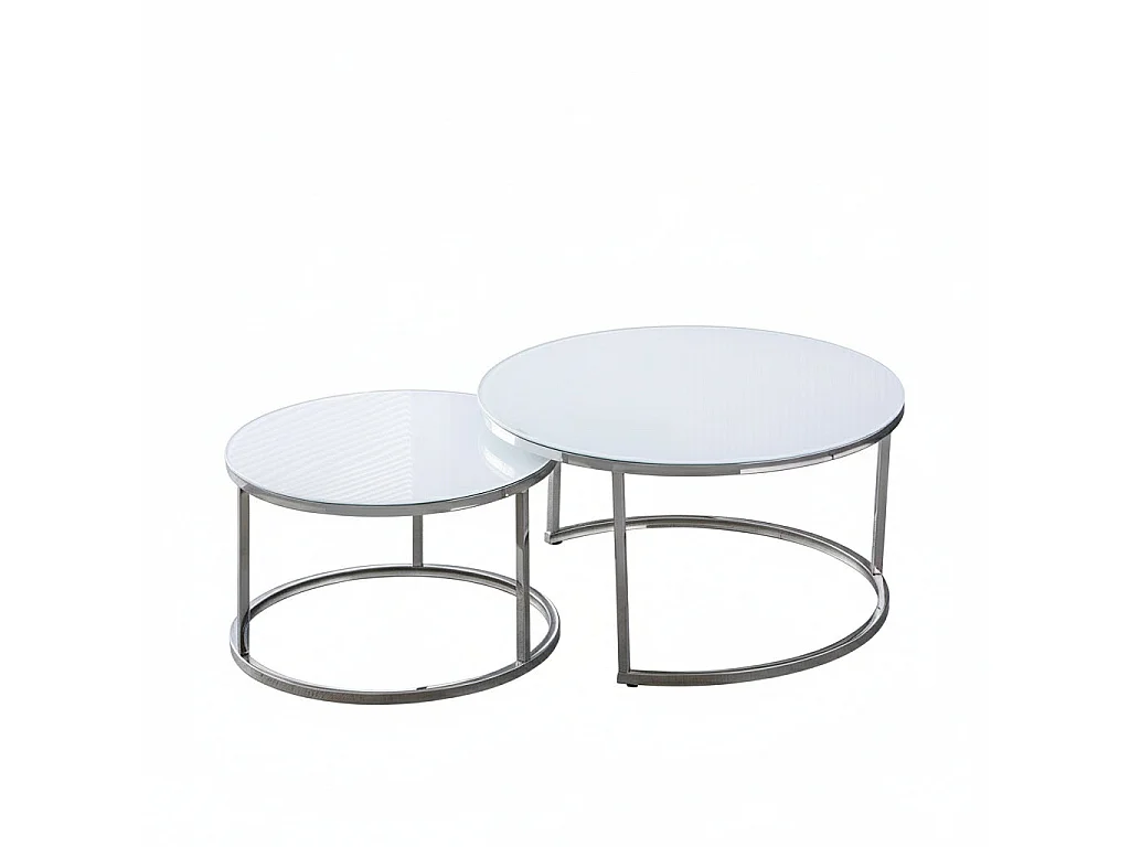 Lot de 2 tables Basses Gigogne ARTO inox et plateau en verre BLANC
