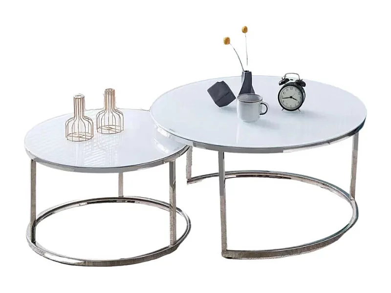 Lot de 2 tables Basses Gigogne ARTO inox et plateau en verre BLANC