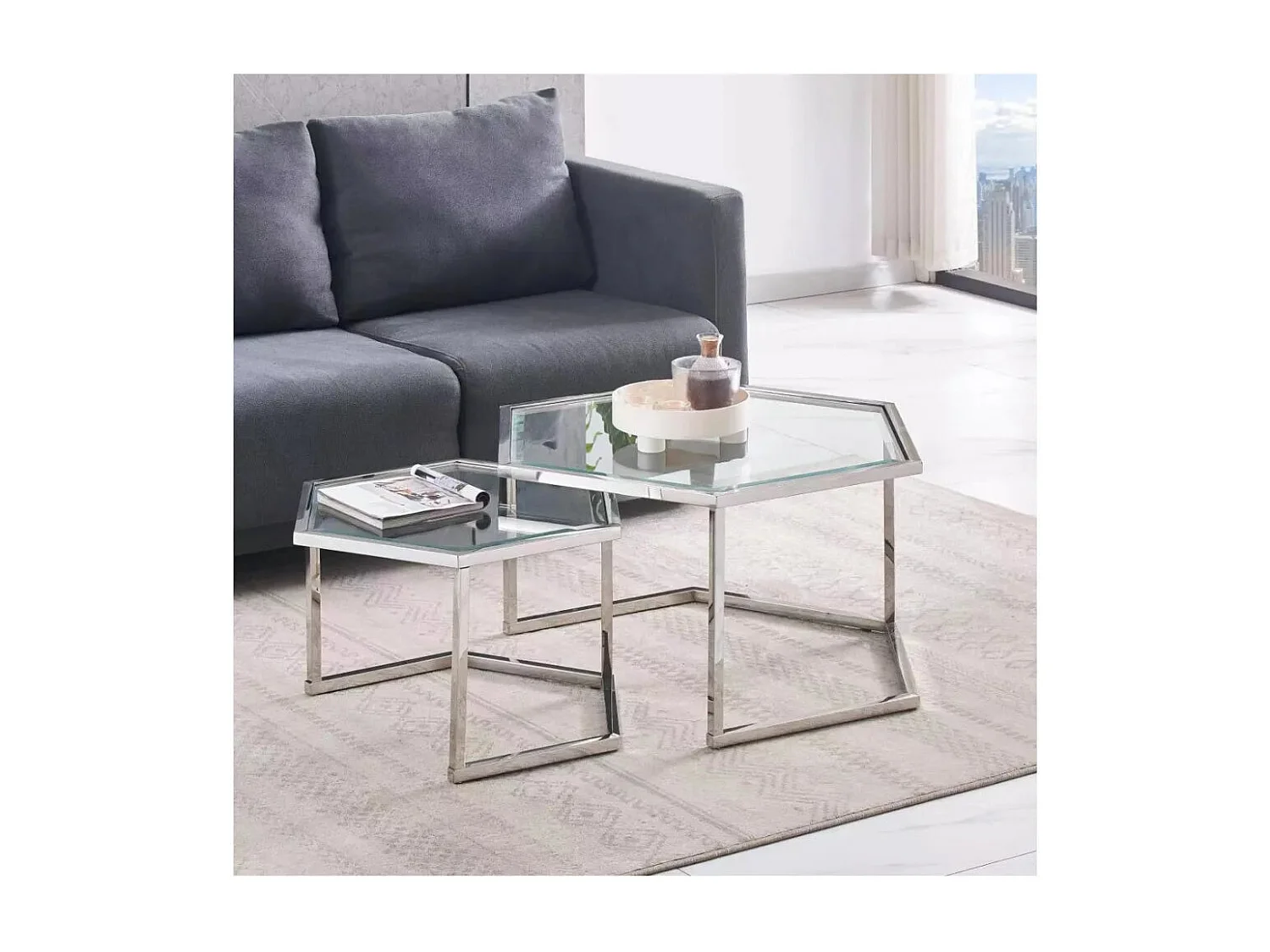 Lot 2 Tables Basses Gigognes HEXAGONA Métal Chrome Plateau Verre Trempé Transparent 60x52x42 / 50x45x38cm