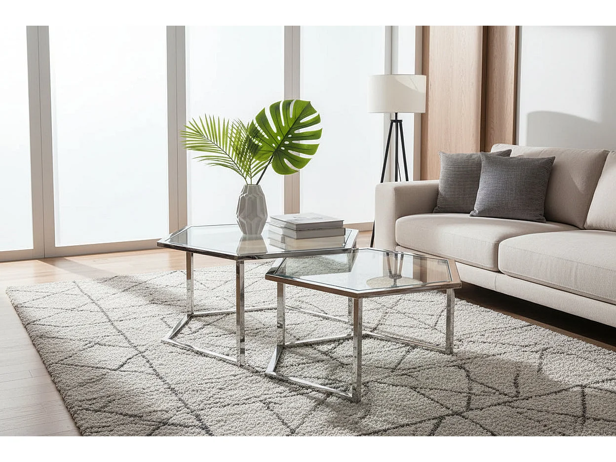 Lot 2 Tables Basses Gigognes HEXAGONA Métal Chrome Plateau Verre Trempé Transparent 60x52x42 / 50x45x38cm