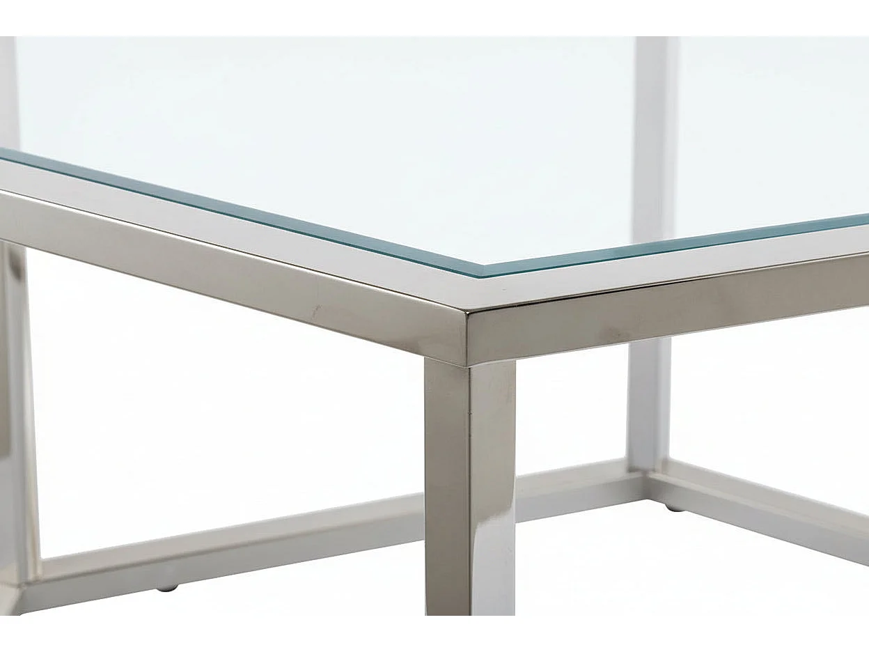 Lot 2 Tables Basses Gigognes HEXAGONA Métal Chrome Plateau Verre Trempé Transparent 60x52x42 / 50x45x38cm