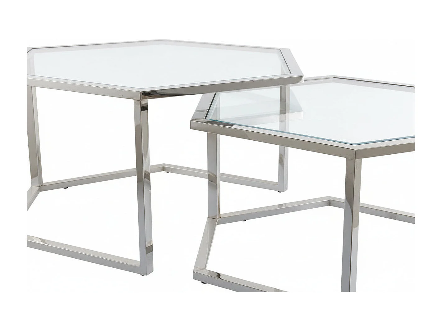 Lot 2 Tables Basses Gigognes HEXAGONA Métal Chrome Plateau Verre Trempé Transparent 60x52x42 / 50x45x38cm